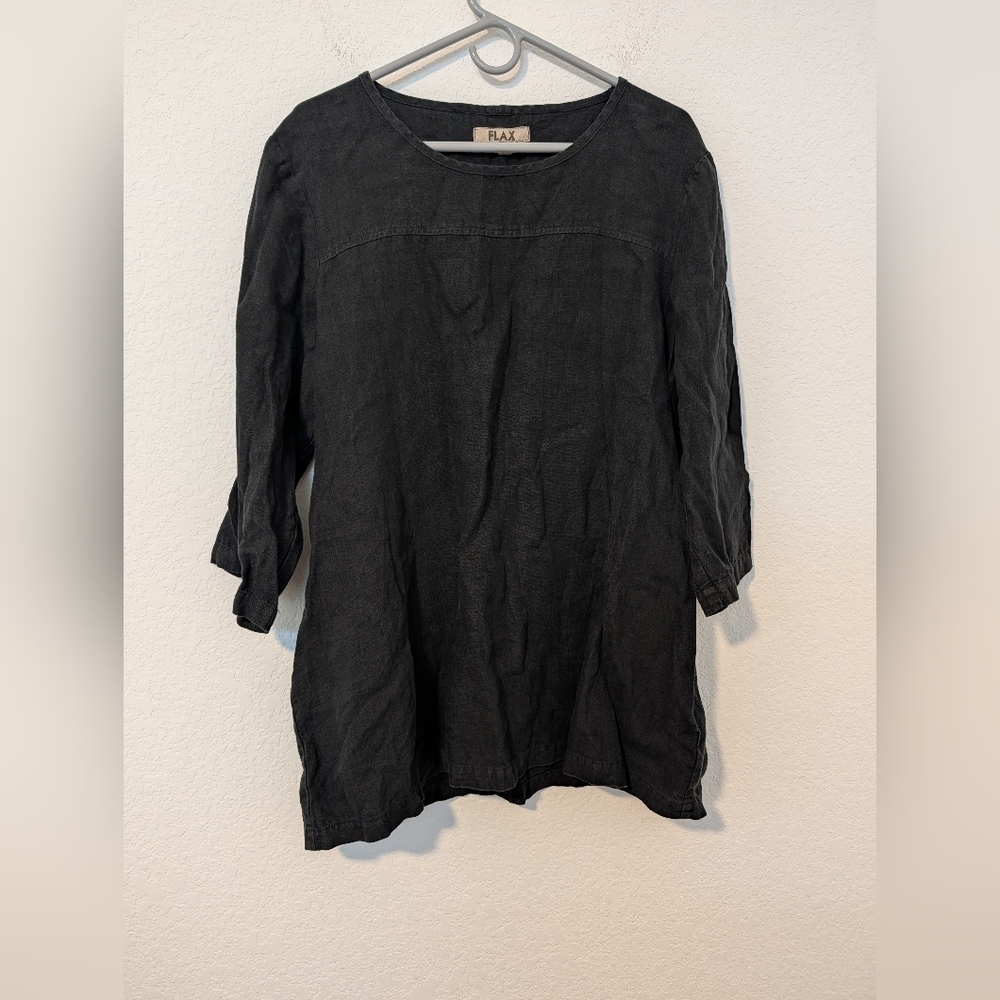 Flax Black 100% Linen 3/4 Sleeve Crewneck Relaxed Tunic Mini Dress M Lagenlook - Picture 3 of 8